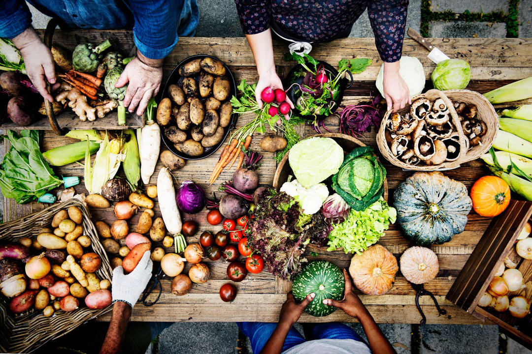 Aerial view of fresh organic various vegetable on wooden table