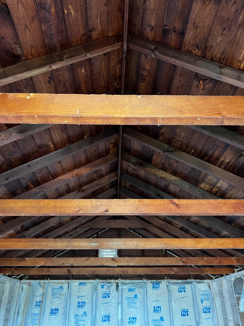 The inside rafters of the one room schoolhouse