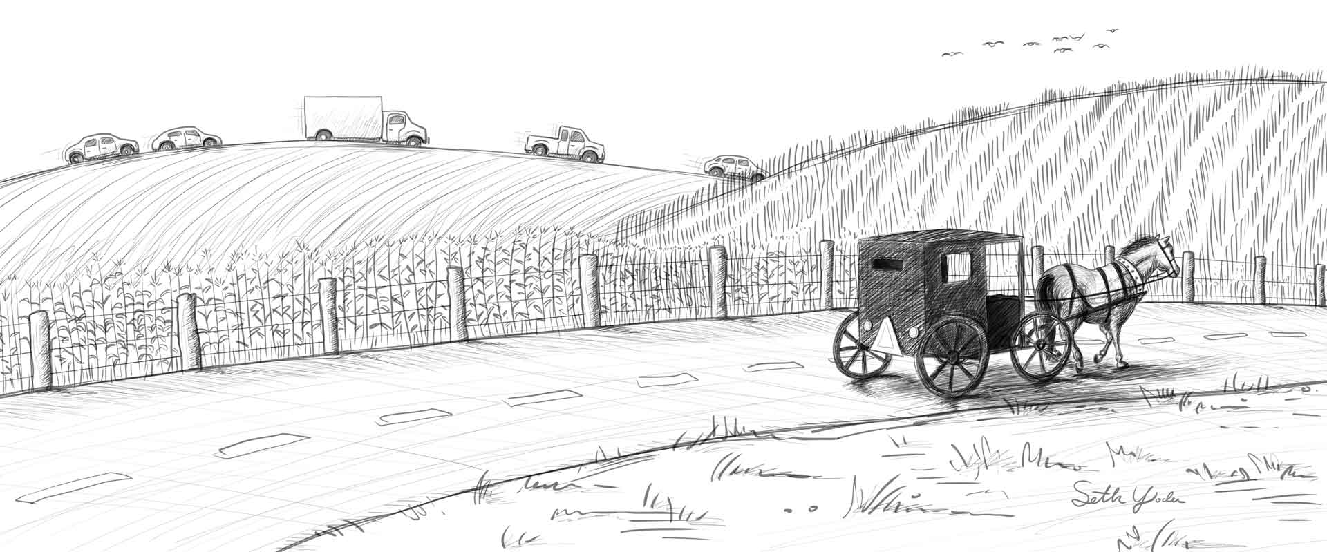 Sketch of an Amish buggy in the country with speeding vehicles in the distance