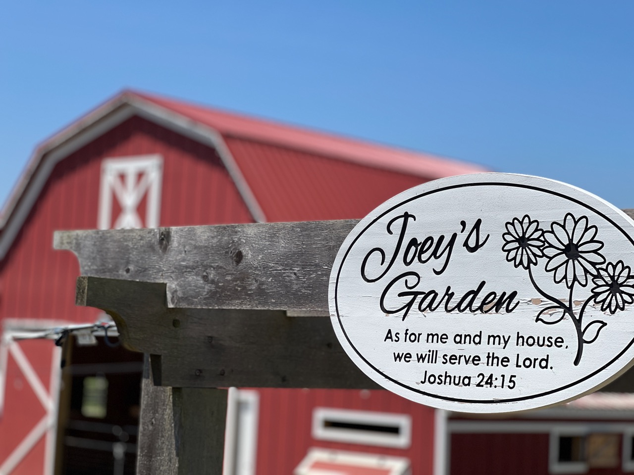 A sign over the garden with this inscription: "Joey's Garden. 'As for me and my house, we will serve the Lord.'"